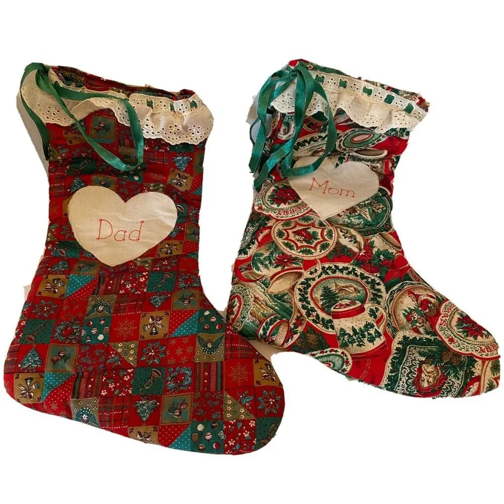Handmade fabric Christmas stockings  novelty prints applique Mom Dad hearts lace